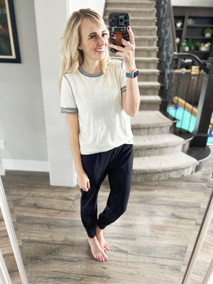 At My Door Color Block Split Hem Boxy Tee in Oatmeal and Olive