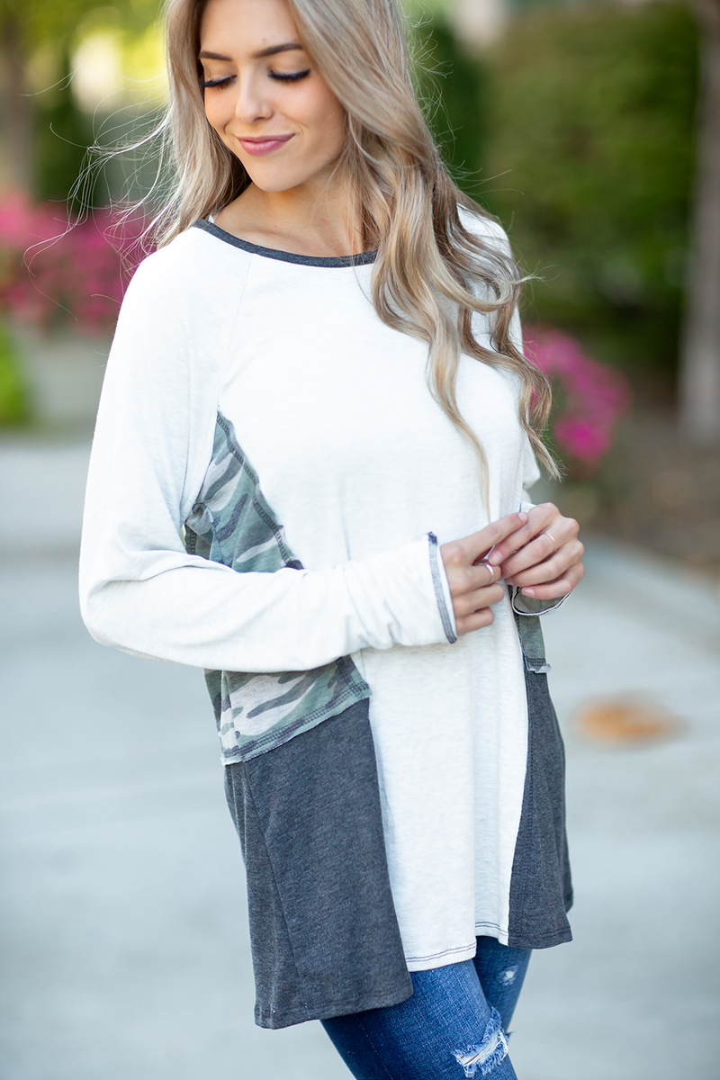 Met My Destiny Long Sleeve Top in Heather Ivory and Camo (SALE)