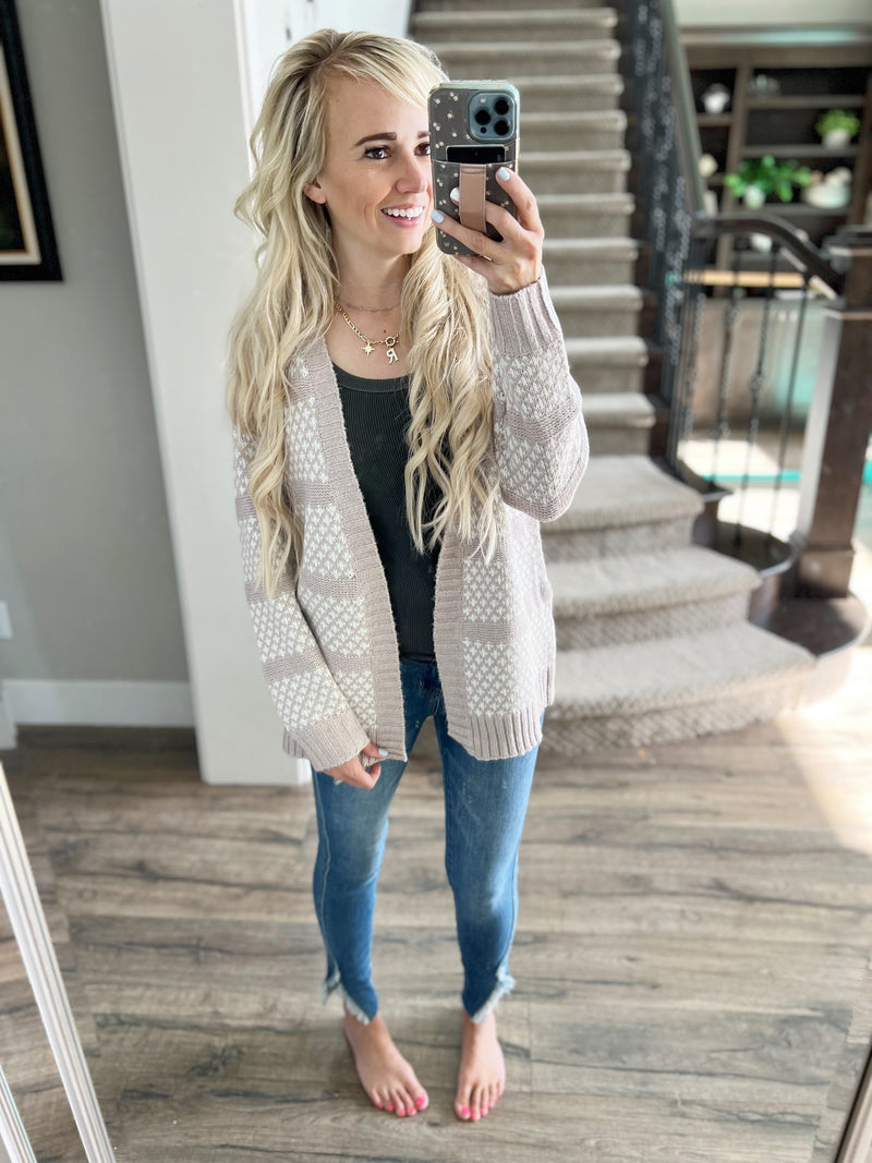 To The Moon and Back Cardigan in Taupe and Ivory