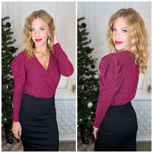 Take Me Out Faux Wrap Bodysuit In Magenta