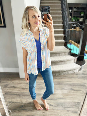 On Vacation Multi Striped Short Sleeve Button Up