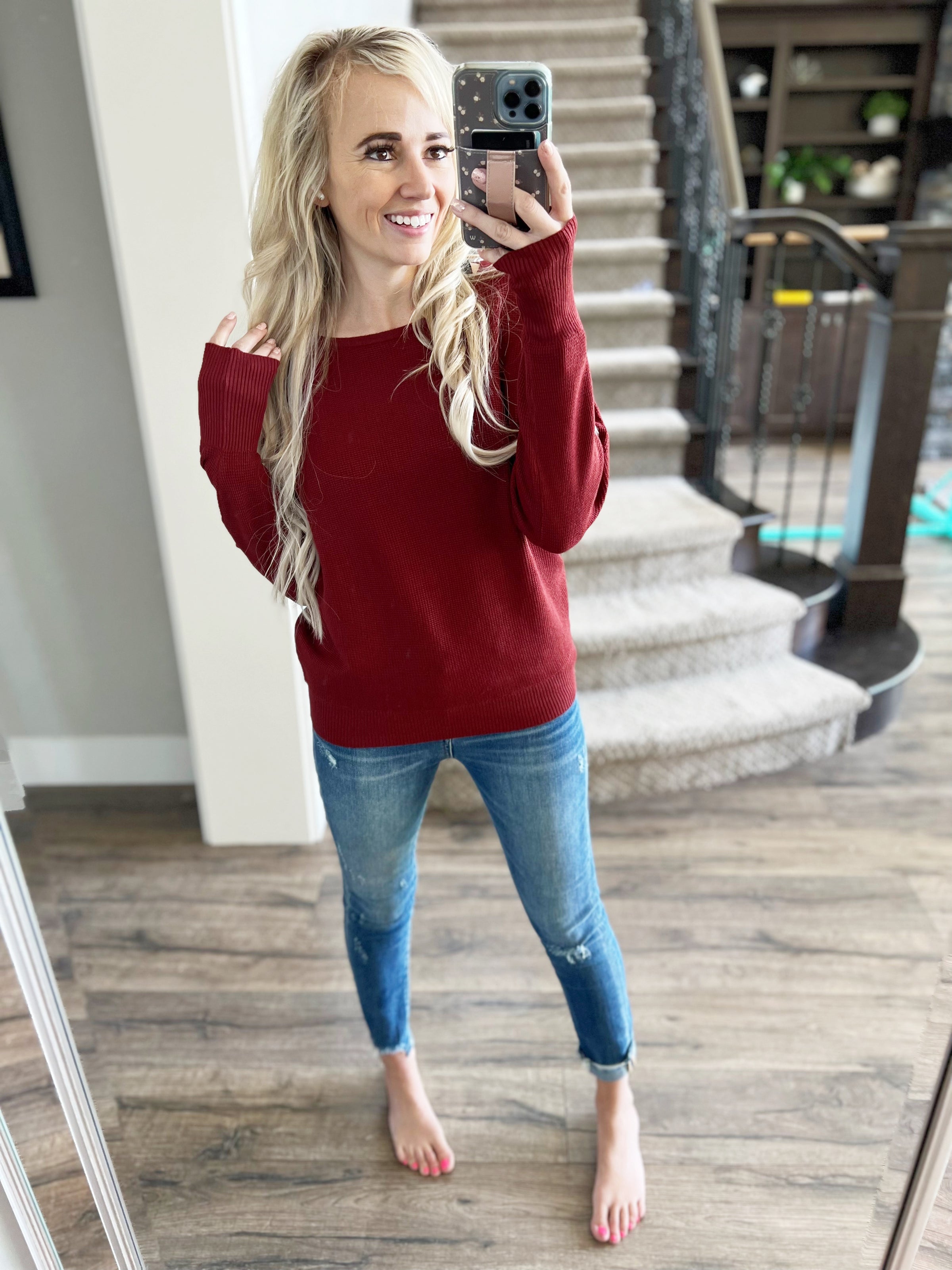 Burgundy sweater on sale with jeans