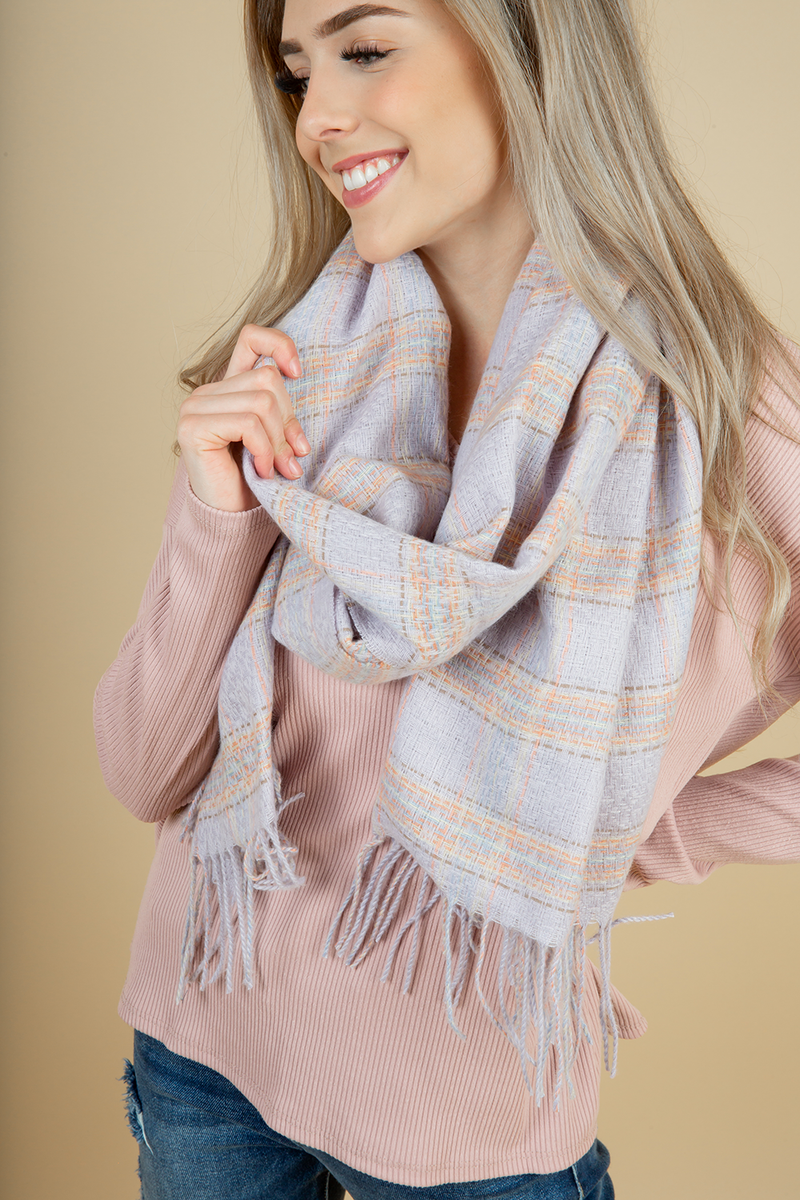 Getting Ready Plaid Scarf with Fringe in Lavender