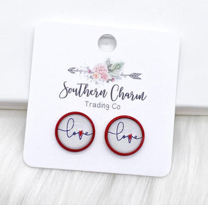 12mm Cursive Love in Red Settings Stud Earrings