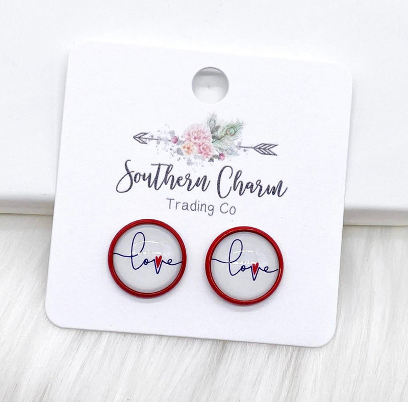 12mm Cursive Love in Red Settings Stud Earrings