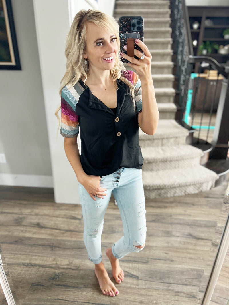 Night Owl Striped Henley in Black