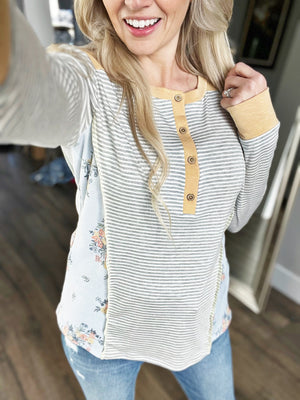 Coastal Striped Henley with Floral Details