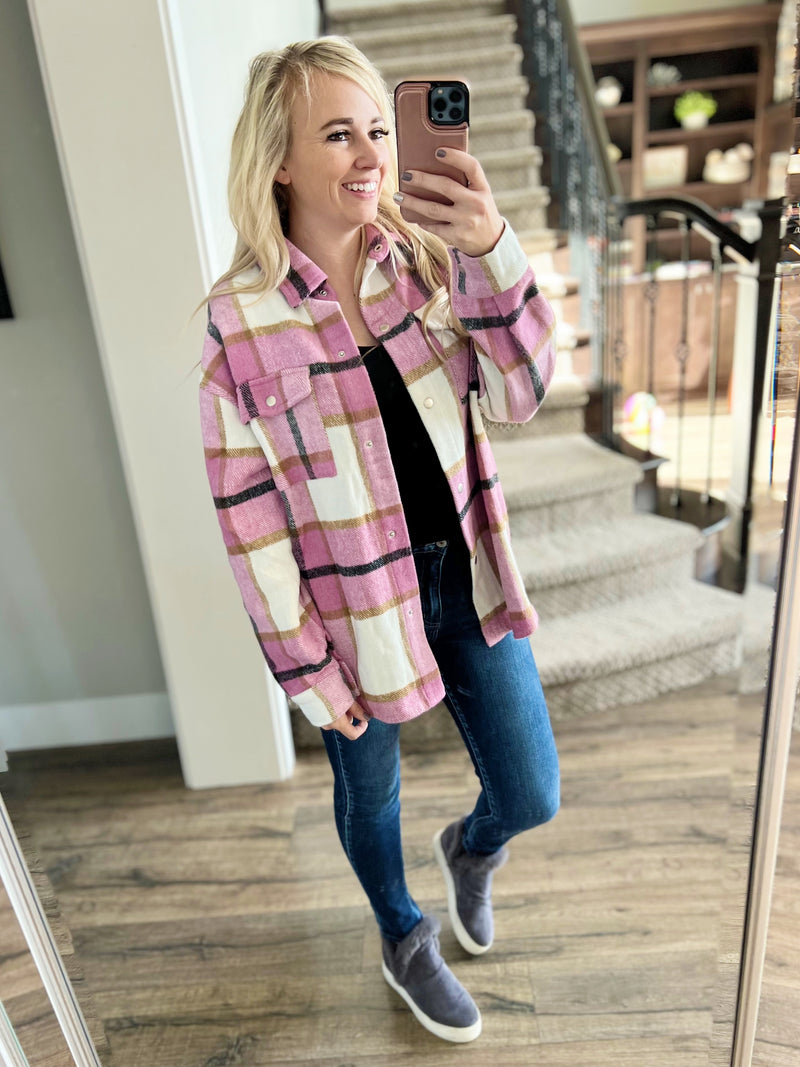 High and Dry Plaid Shacket in Pink (SALE)