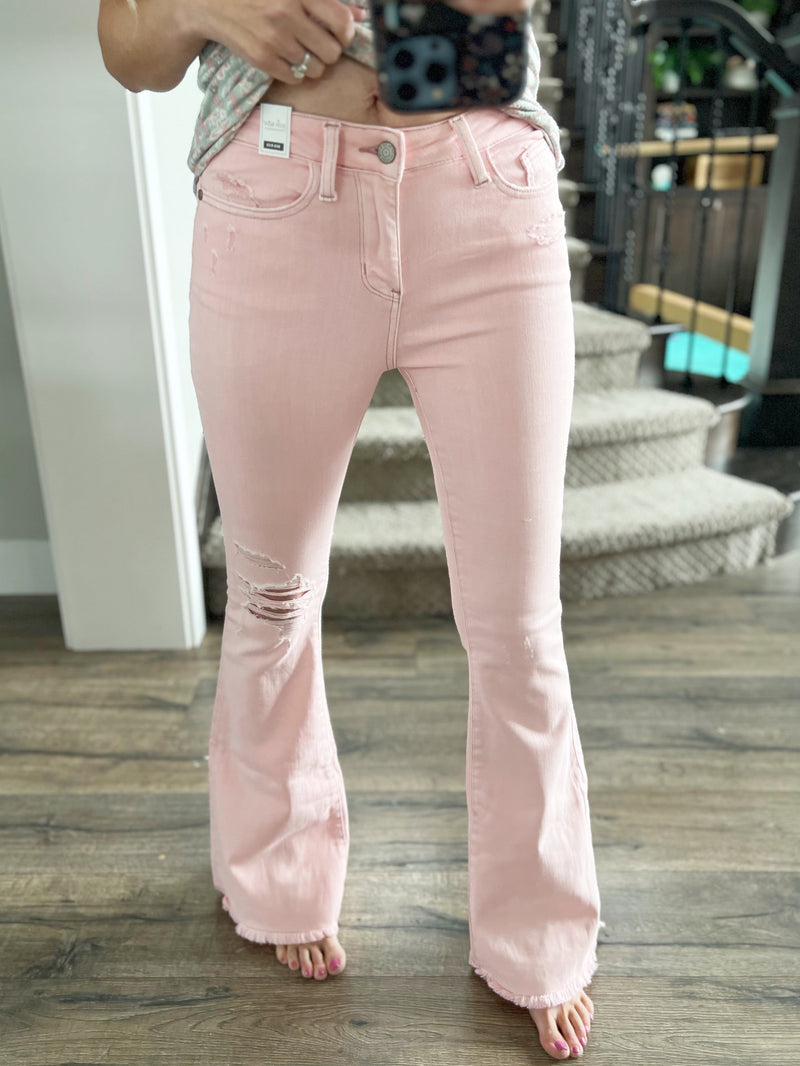 Judy Blue Mid-Rise Flare Jeans in Pink