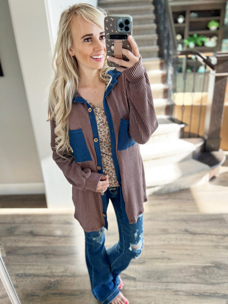 Made For This Ribbed Shacket in Chocolate and Navy