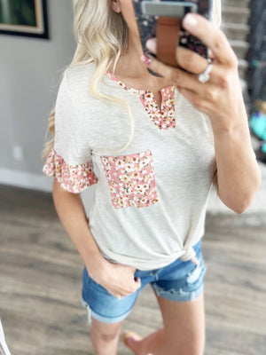 Isn't She Lovely Floral Ruffle Sleeve Top in Pink and Oatmeal