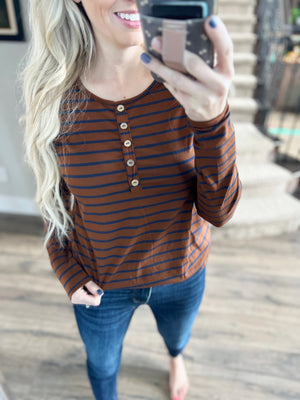 To The Top Striped Henley Top in Chestnut