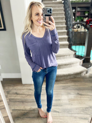 Long Sleeve Knit Top With Pocket In Denim Blue