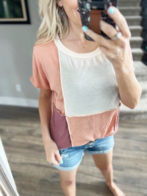 Big Time Color Block Ribbed Short Sleeve in Peach and Berry