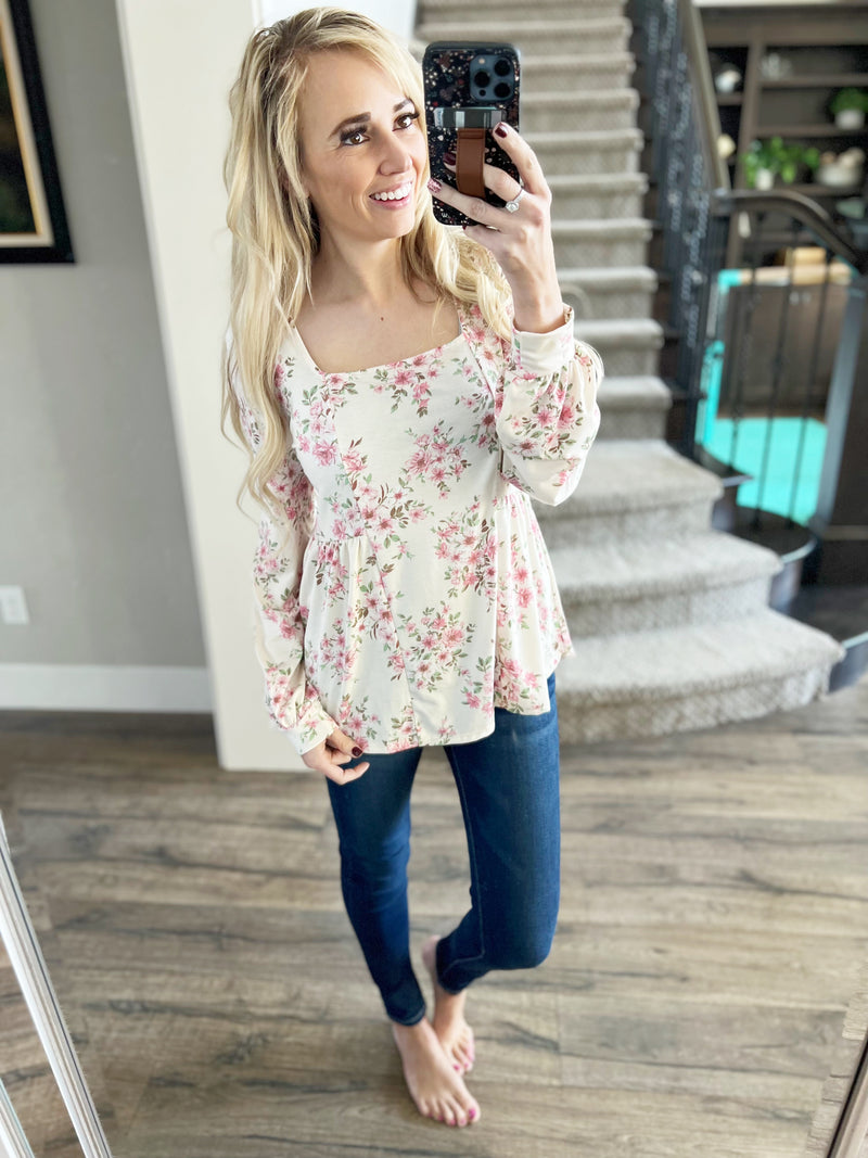Pass The Tea Please Cream Floral Top