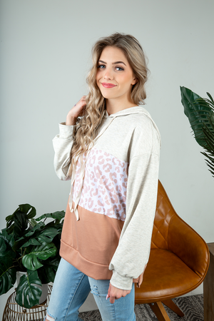 Stepping Away Animal Print Color Block Hoodie in Peach