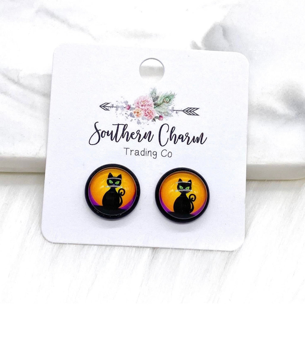 Moonlight Cats in Black Settings Stud Earrings
