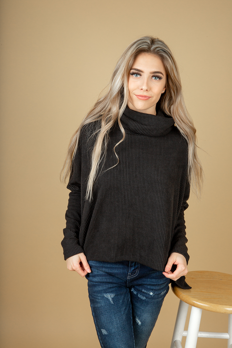 Hear Me Ribbed Cowl Neck in Black