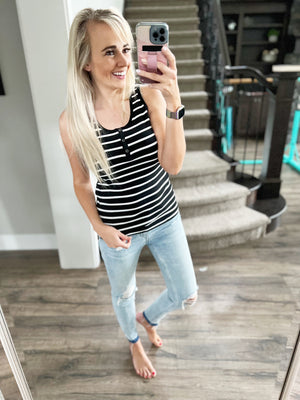 Can You See It Henley Stripe Tank Top in Black & White