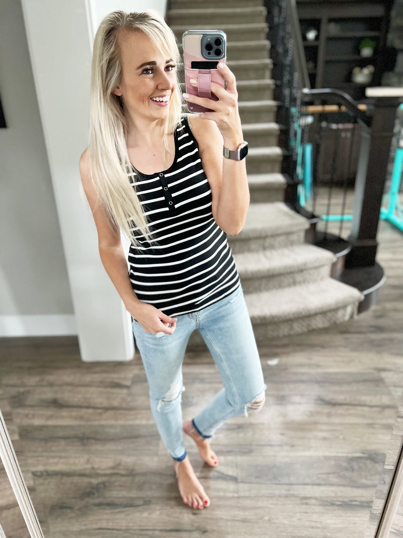 Can You See It Henley Stripe Tank Top in Black & White