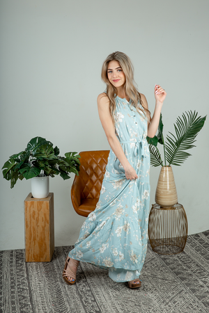 All Done Floral Maxi Dress in Gray Blue