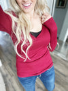 My Own Way V Neck Ribbed Top In Burgundy