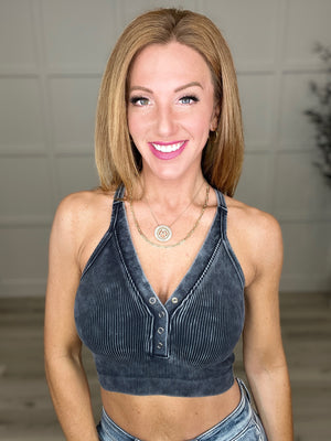 Not Today Washed Ribbed Cropped Button V-Neck Tank (Multiple Colors)