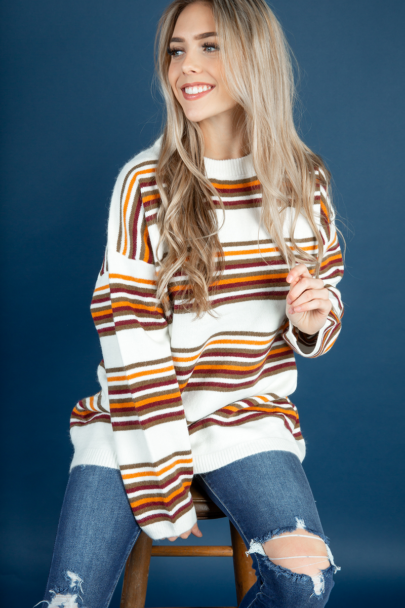Falling Behind Striped Sweater in Rust and Olive